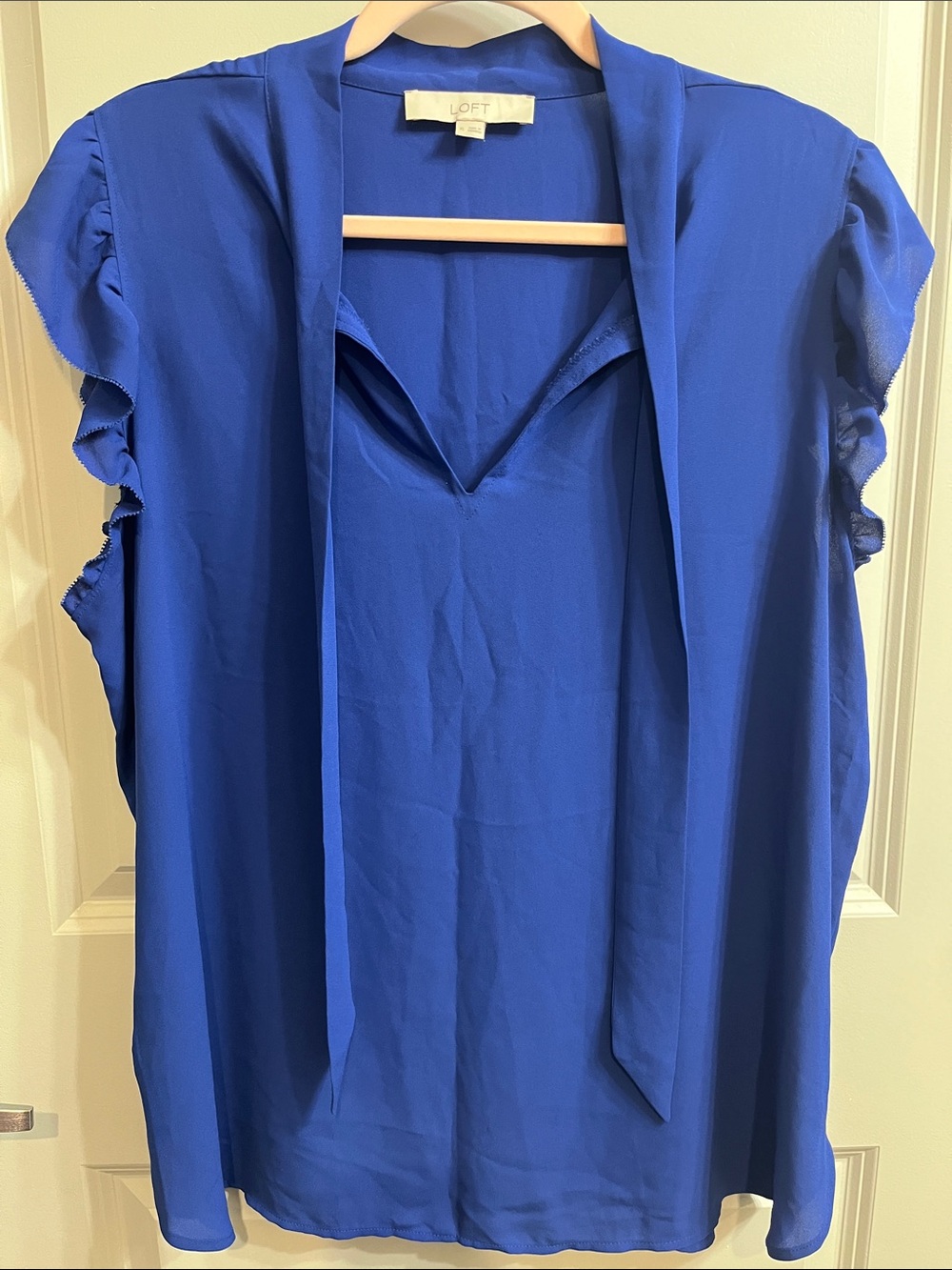 LOFT Cobalt Tie-Neck Flutter Sleeve Blouse